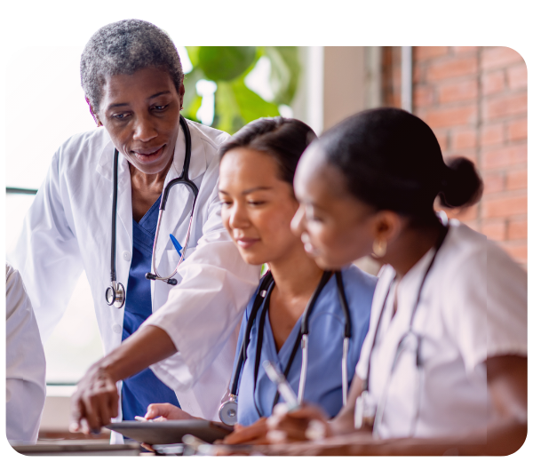 healthcare workers talking and working