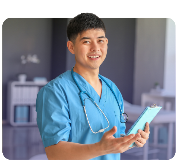Smiling male clinician holding small clipboard