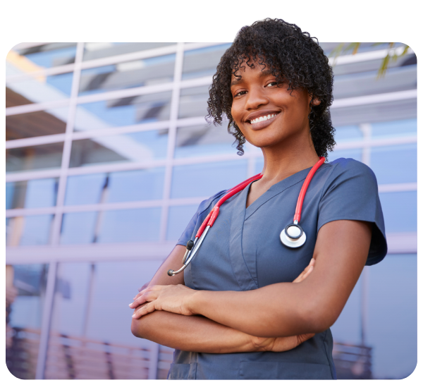 Smiling clinician with stethoscope around neck