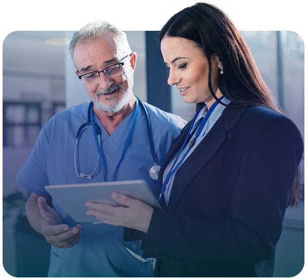 Administrative personel talking with doctor