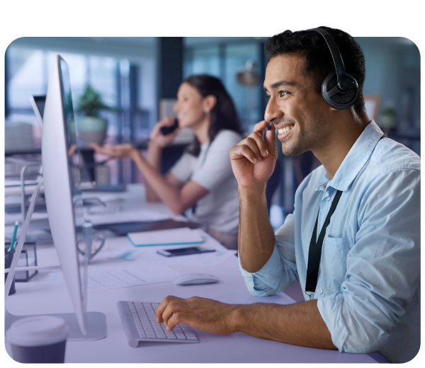 Smiling call center workers